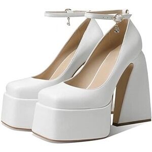 OnlyMaker White Platform Ankle Strappy Chunky TRIANGLE Heels Shoes Sz 9.5 SEXY
